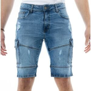 X Ray Mens Cargo Biker Slim Fit Casual‎ Stretch Light Blue Denim Shorts 38
